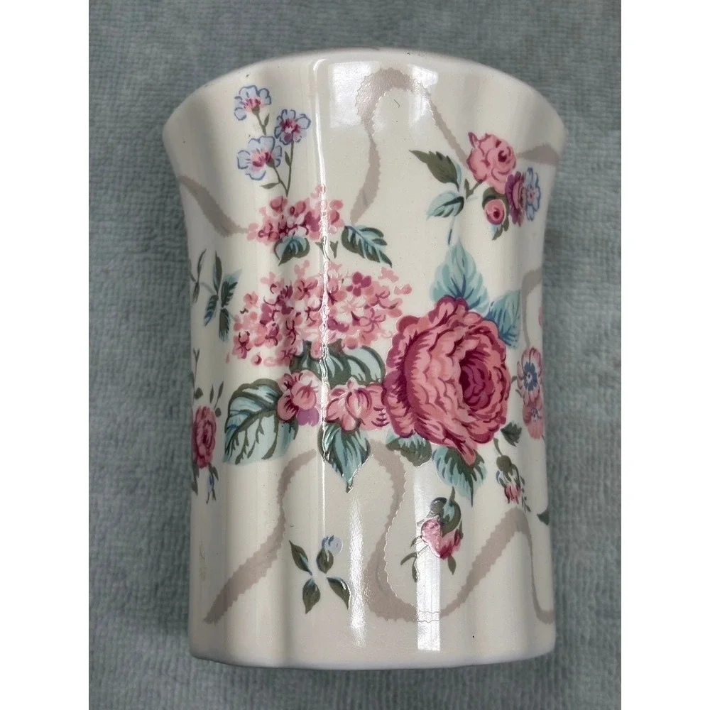 Vtg Floral Ceramic Bathroom Set Soap Dish Toothbrush Holder Japan Pink Rose